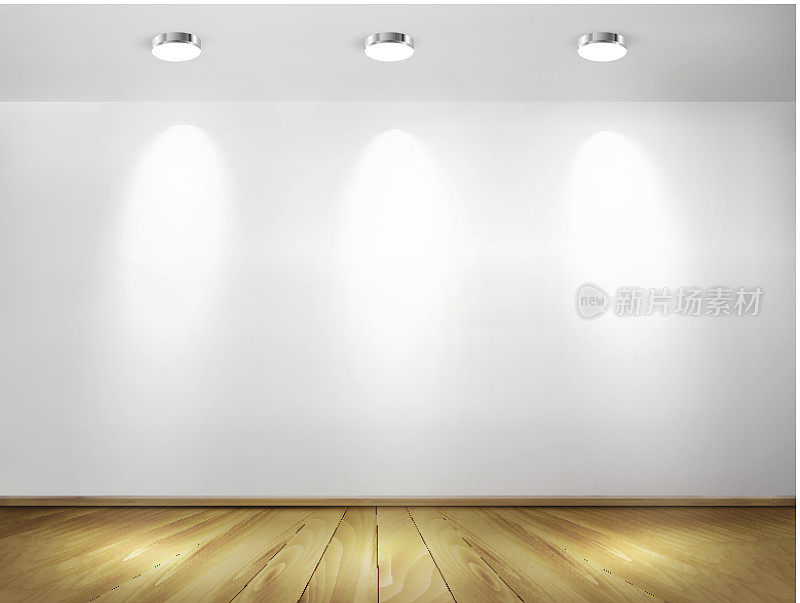 有射灯和木地板的墙壁。展厅的概念。向量