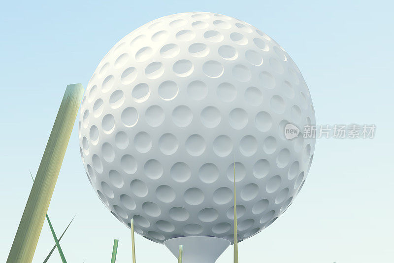 3D插图高尔夫球和球在草地，近距离观看tee准备被射击。天空背景上的高尔夫球。