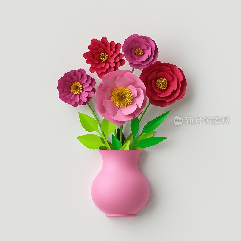 3d渲染，数字插图，花瓶与纸花内，孤立在白色背景，贺卡，手工工艺，装饰花卉组成