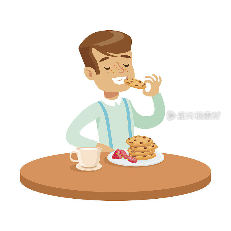 快乐的小男孩坐在桌前吃着饼干，彩色的人物矢量插画