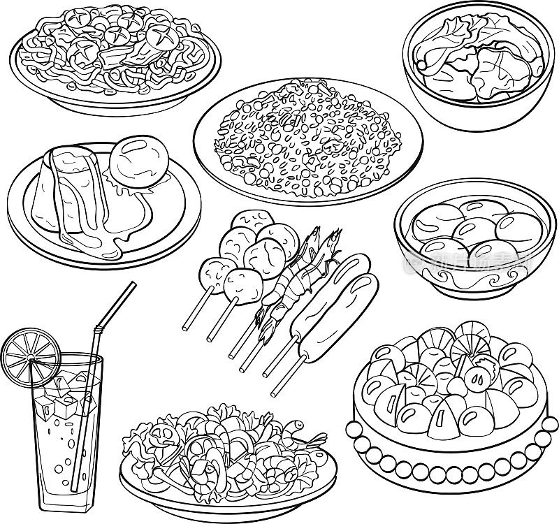 一套食物和饮料手绘插图