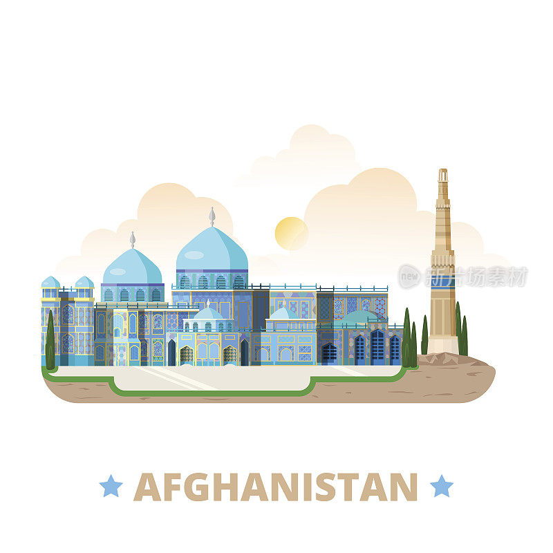 阿富汗国家磁铁设计模板。平面卡通风格的历史景观展示场所网络矢量插图。世界度假旅游观光亚洲亚洲收藏。蓝色清真寺尖塔的Jam。