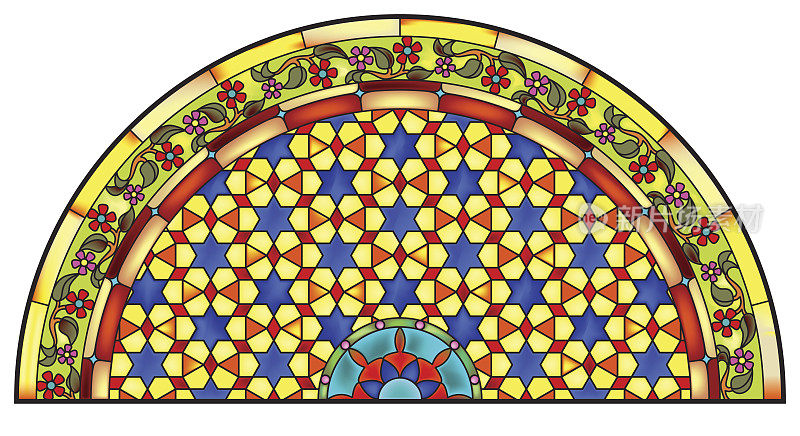 IS_Abstract_Floral_Stars_Pattern_Half_Round_Stained_Glass_Window_Design