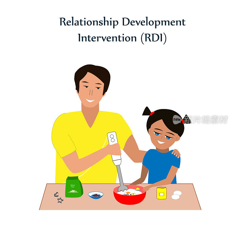 小女孩和爸爸在烤饼干。关系发展干预或RDI技术，用于教育自闭症儿童的成功方法。