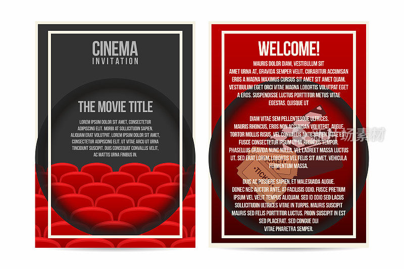 电影海报，请帖，宣传单模板。A4大小。电影院的座位排，票和拍手的背景