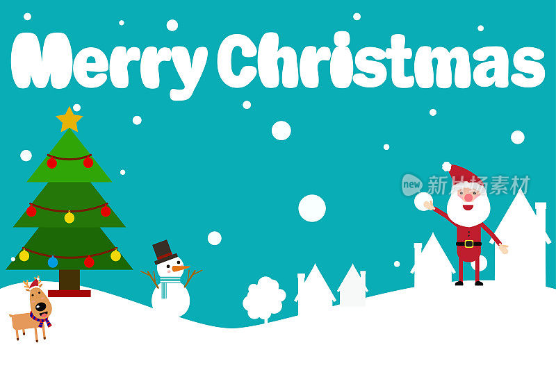 圣诞快乐，恭贺新禧。圣诞老人在多雪的冬天的插图。