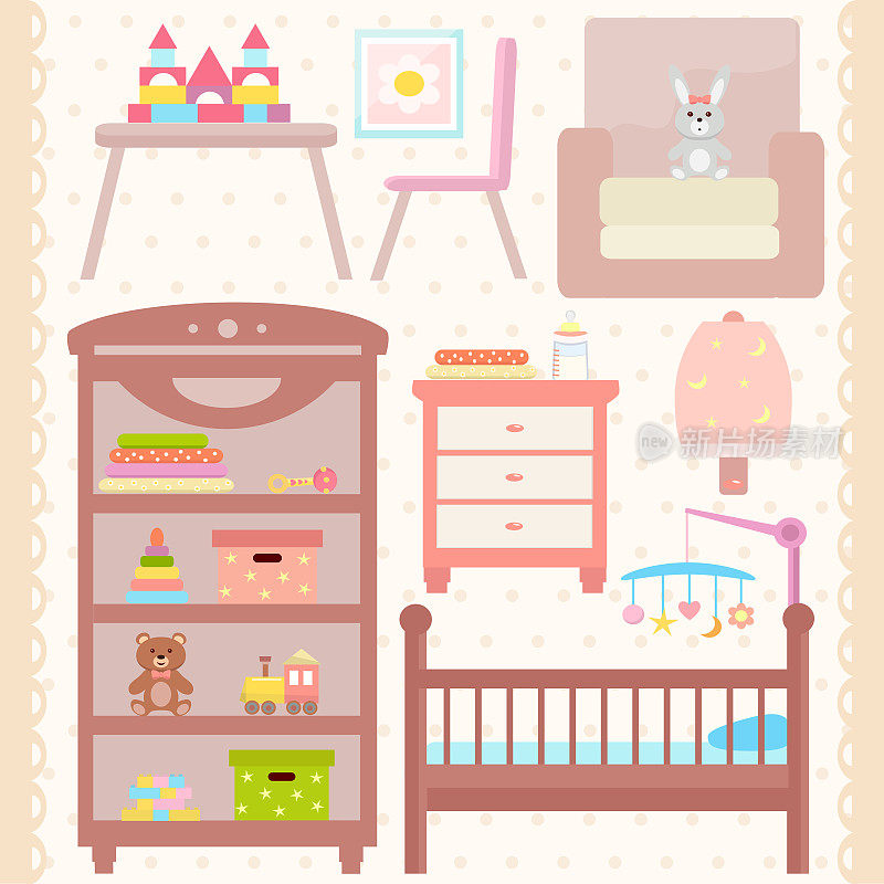 婴儿房家具图标集。幼儿园内部。