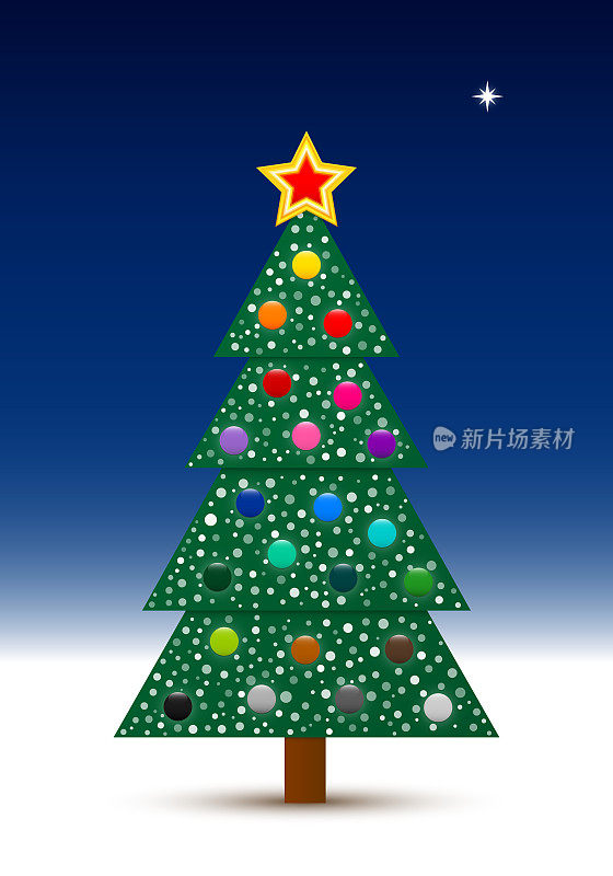 矢量装饰圣诞树与球和雪在晴朗的夜晚与北极星