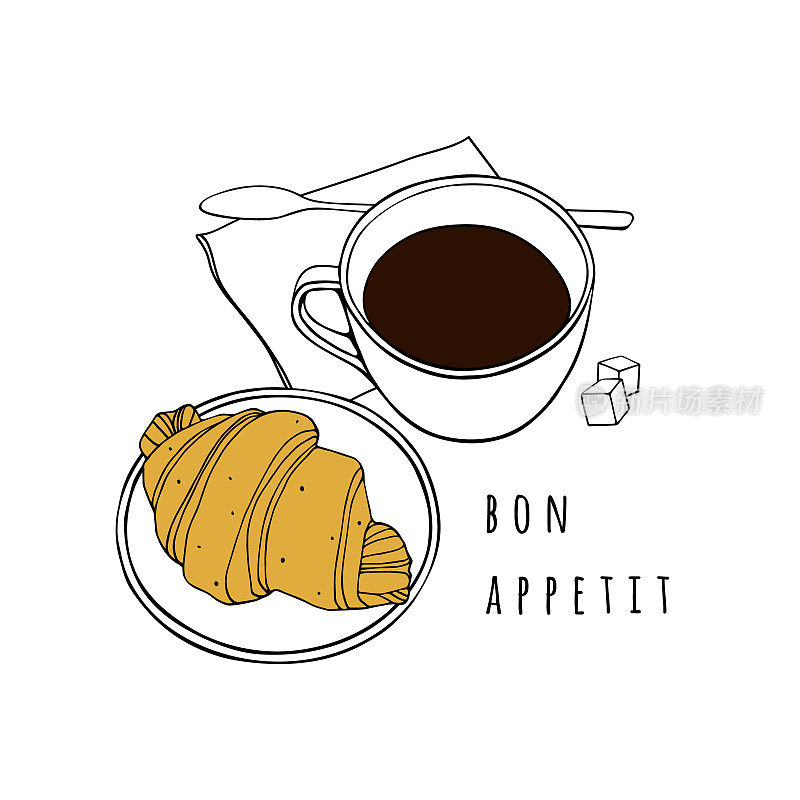 牛角面包和一杯咖啡。手绘矢量插图。一张咖啡馆，面包店，餐厅的海报。