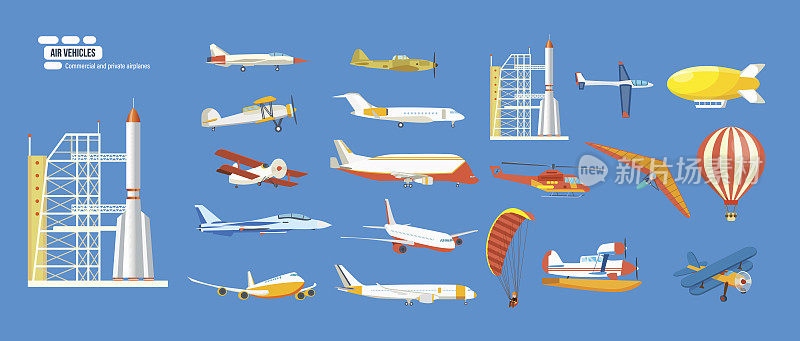 飞行器:导弹、直升机、飞艇、气球、滑翔伞、双翼飞机、滑翔机、飞机