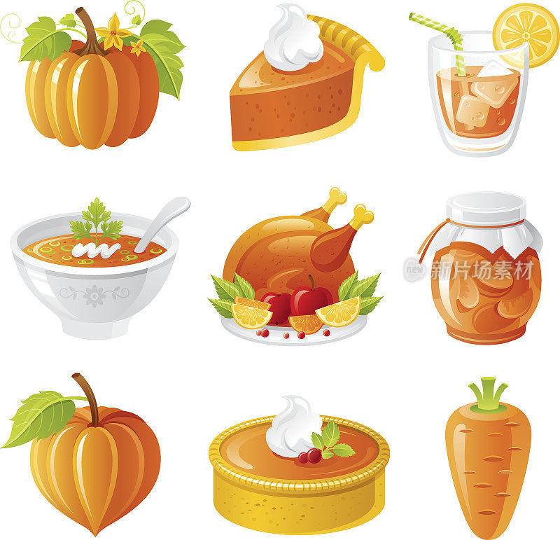 感恩节橙色节日食物图标集