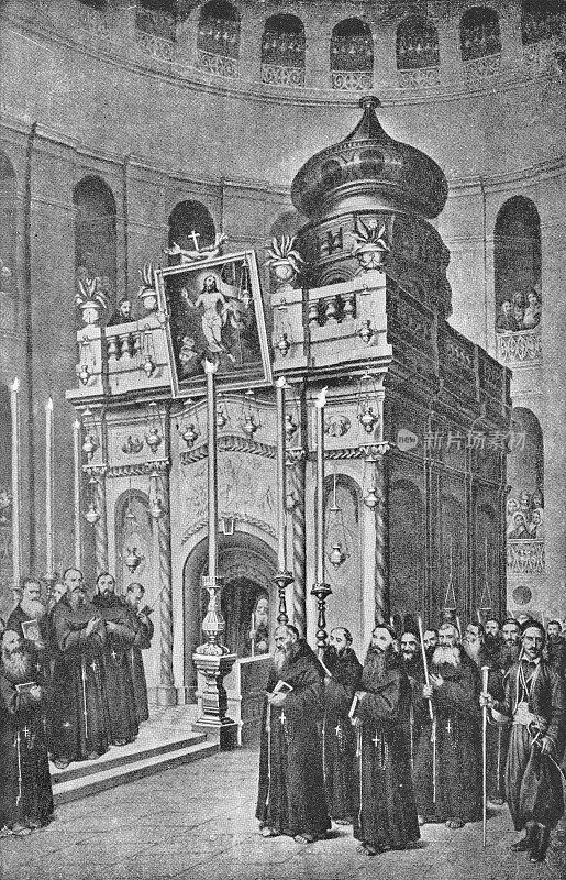 以色列-奥斯曼帝国耶路撒冷圣墓教堂的祷告仪式