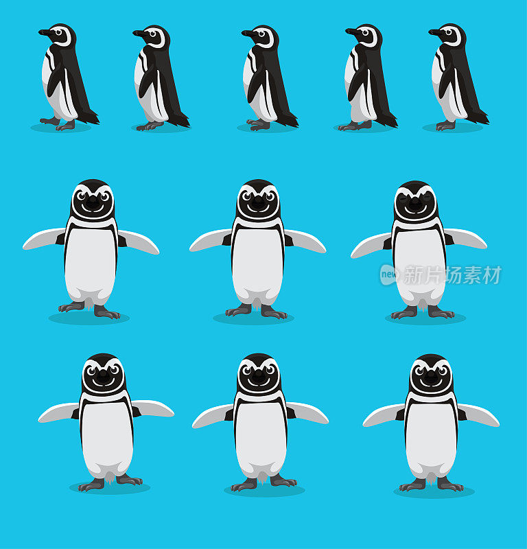 非洲企鹅行走运动序列卡通矢量插图
