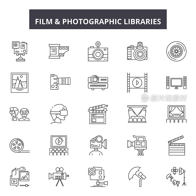 电影和照片库线图标，标志集，向量。电影和摄影图书馆概述概念，说明:电影，照相机，摄影，照片，技术，网页，照片，设计