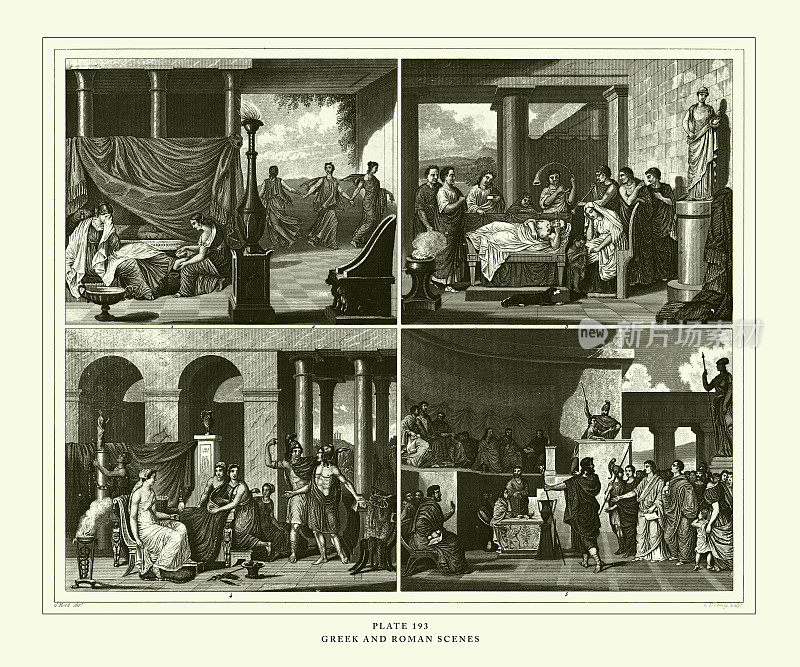 雕刻古董，希腊和罗马场景雕刻古董插图，出版于1851年