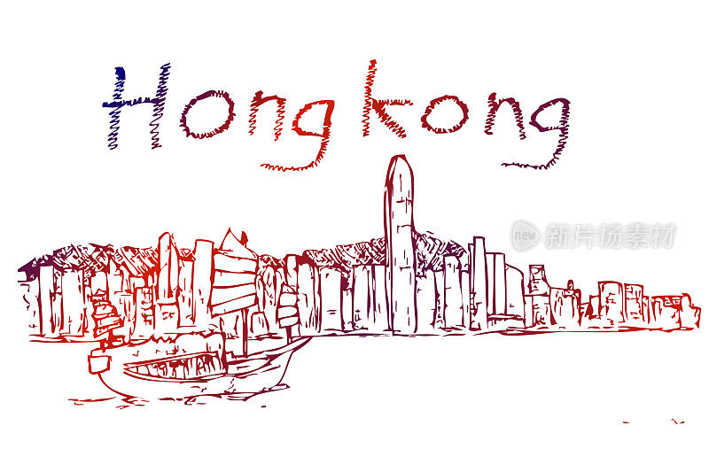 手工简单的矢量草图，香港城市景观梯度从紫色到棕色