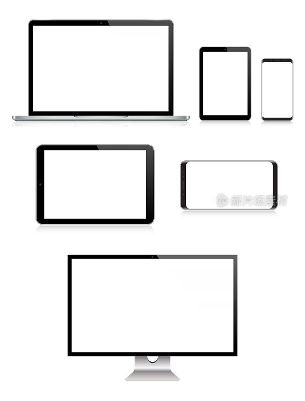 PC显示器，电视，笔记本电脑，平板电脑，智能手机，手机在黑色和银色反射，现实的矢量插图