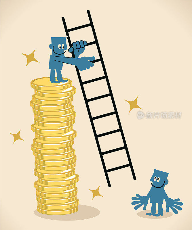 一个商人站在一堆金币(钱)上，把梯子给另一个人爬上去