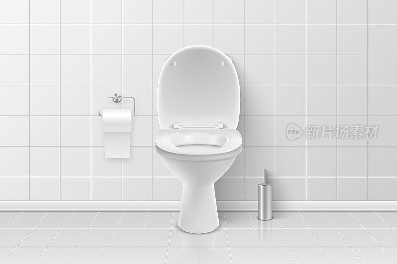 矢量3d现实白色陶瓷厕所，刷子和卫生纸在浴室，厕所房间。带盖子的马桶打开了。采购产品管道，模型，室内，清洁，卫生概念的设计模板