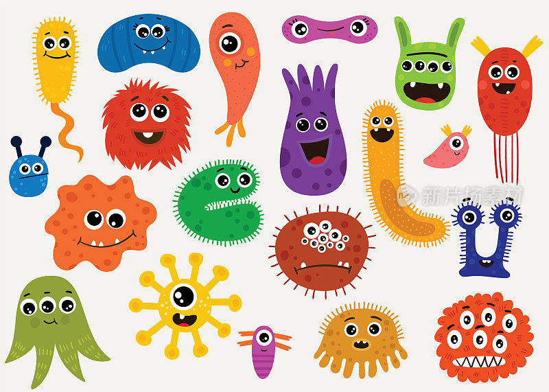 卡通设定不同的微生物角色。细菌，原生生物，微生物，病毒的有趣集合。明亮的彩色平面矢量插图孤立的背景