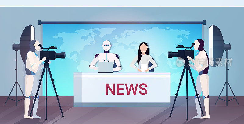 机器人摄像师记录机器人和女电视主持人坐在新闻演播室桌子旁人工智能技术实时新闻概念世界地图背景水平