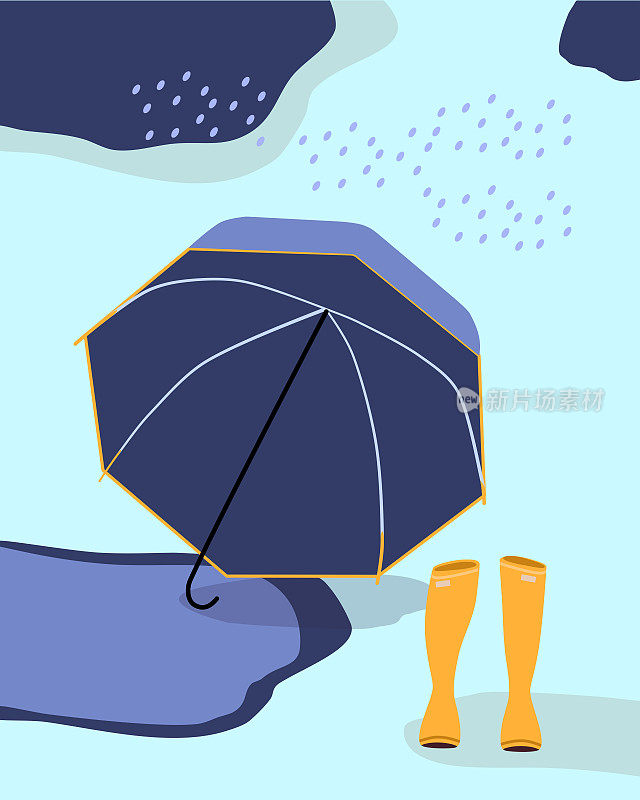 雨伞躺在水坑里，黄色的胶靴站在地上。秋季时尚概念的商店或商店。阴雨多风的天气和乌云密布。