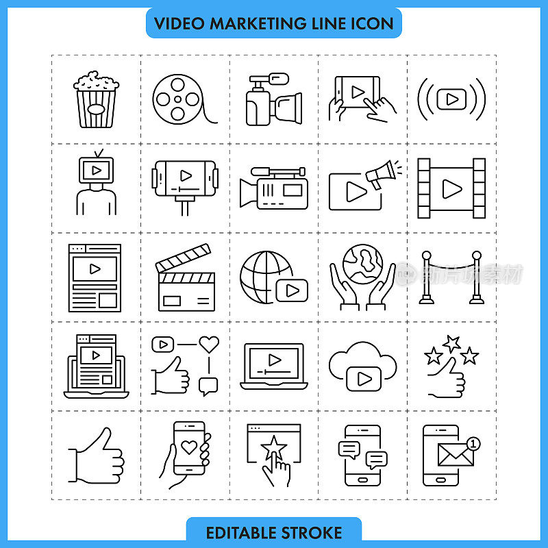 视频营销线图标设置。可编辑的中风