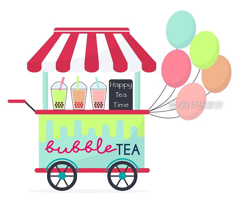 平面矢量插图的彩色气泡茶车与气球。亚洲著名珍珠奶茶饮品售卖手推车