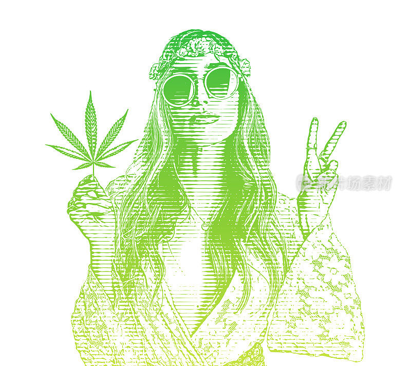 成年嬉皮女人拿着大麻叶子