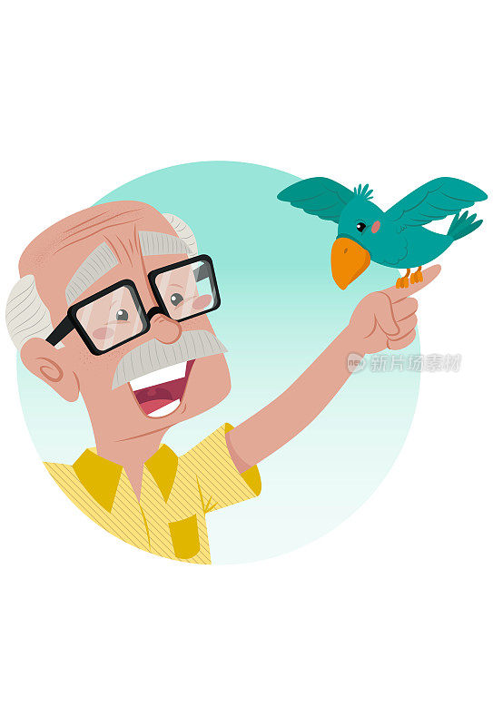 一个老人在和一只鸟玩