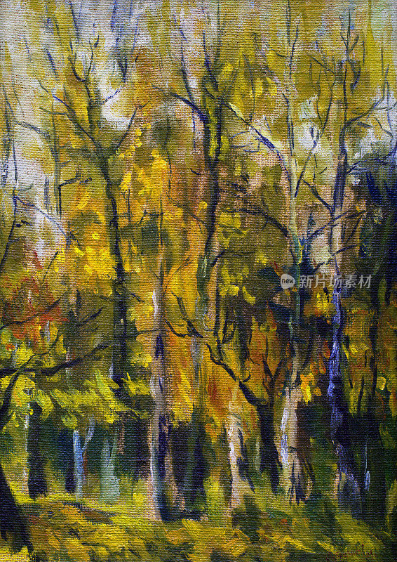油画风景秋天的树与明亮的黄色和橙色的叶子在公园的背景灰色的秋天的天空和黄色的草在多风的天气