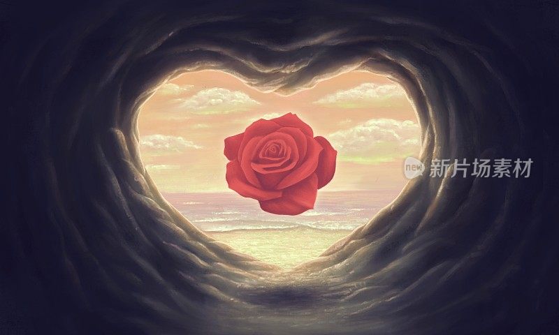 爱情浪漫概念插画，与海一起浮在洞门上的红玫瑰超现实风景，想象绘画，梦幻艺术品，梦幻山水艺术