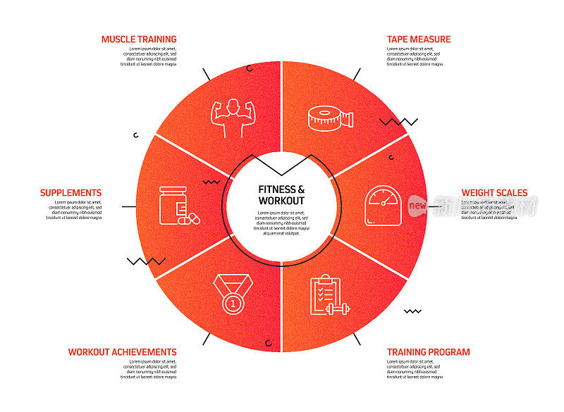 健身和锻炼相关的过程信息图表模板。过程时间图。使用线性图标的工作流布局