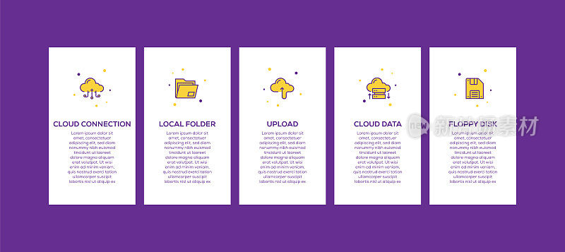 信息图表设计模板。云连接，本地文件夹，上传，云数据，软盘图标5个选项或步骤。