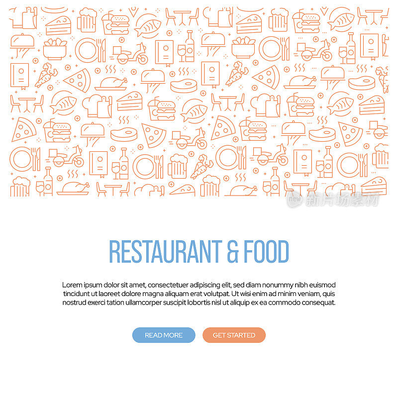 带有图案的餐厅和食品相关横幅设计。现代线条风格图标矢量插图