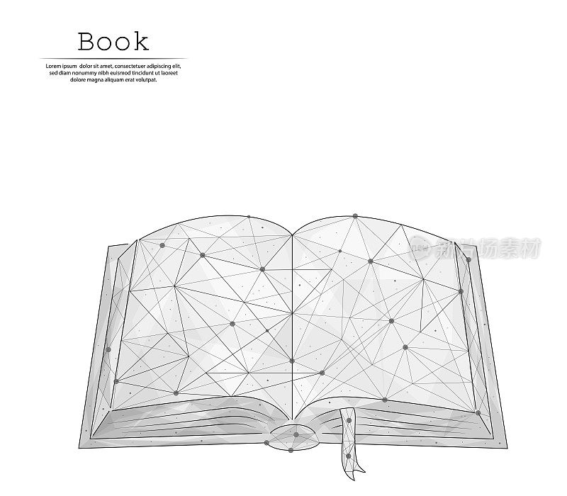 抽象图像以线和点的形式打开书本，由三角形和几何形状组成。3D低多边形矢量背景。教育、侦探故事