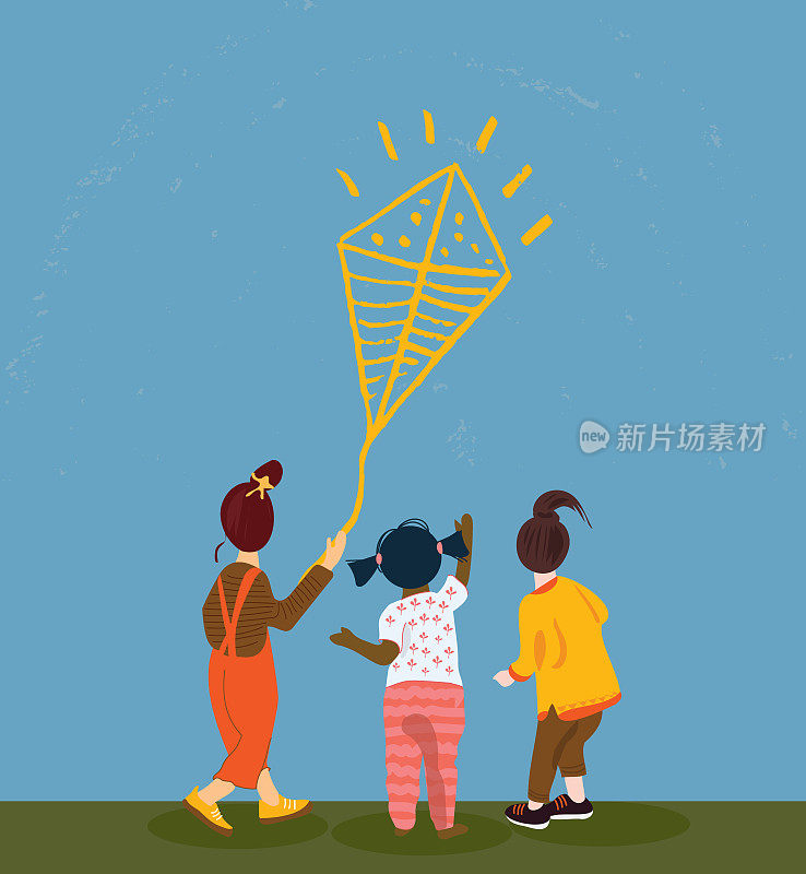 矢量插图的女孩持有风筝。黄色的风筝在天空中飞翔。创造性的孩子。不同民族的女孩在一起玩。不同种族的幼儿。人类卡通孤立人物