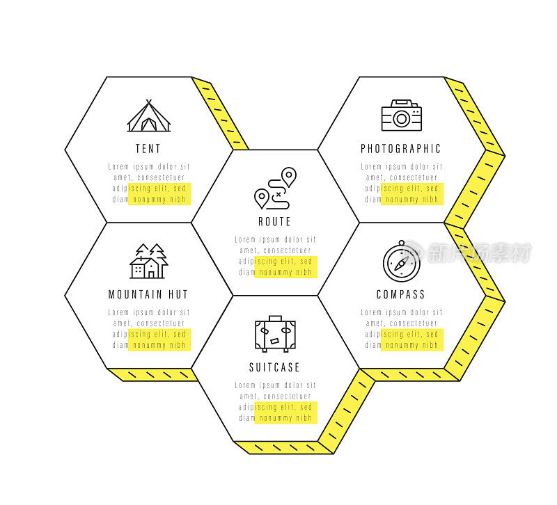 信息图表设计模板。帐篷，路线，摄影，山小屋，手提箱，指南针图标6个选项或步骤。