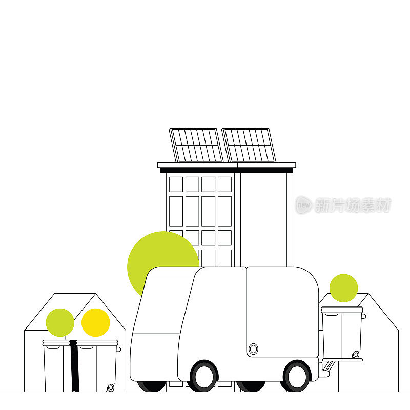 智能垃圾和垃圾收集与自动时间表和改进的选择性回收。智慧城市和新型5G网络融合。大胆的黑色和白色插图与明亮的彩色亮点。