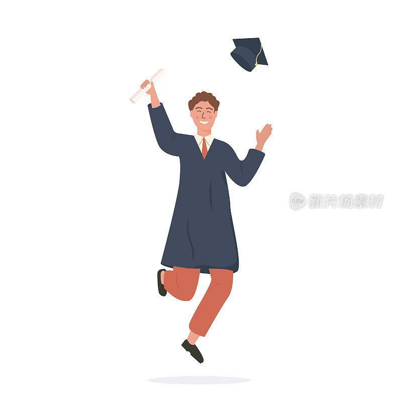快乐的白人学生跳跃，扔帽和拿着文凭。身着学士服微笑的学者庆祝毕业。矢量平面快乐的卡通人物孤立在白色。