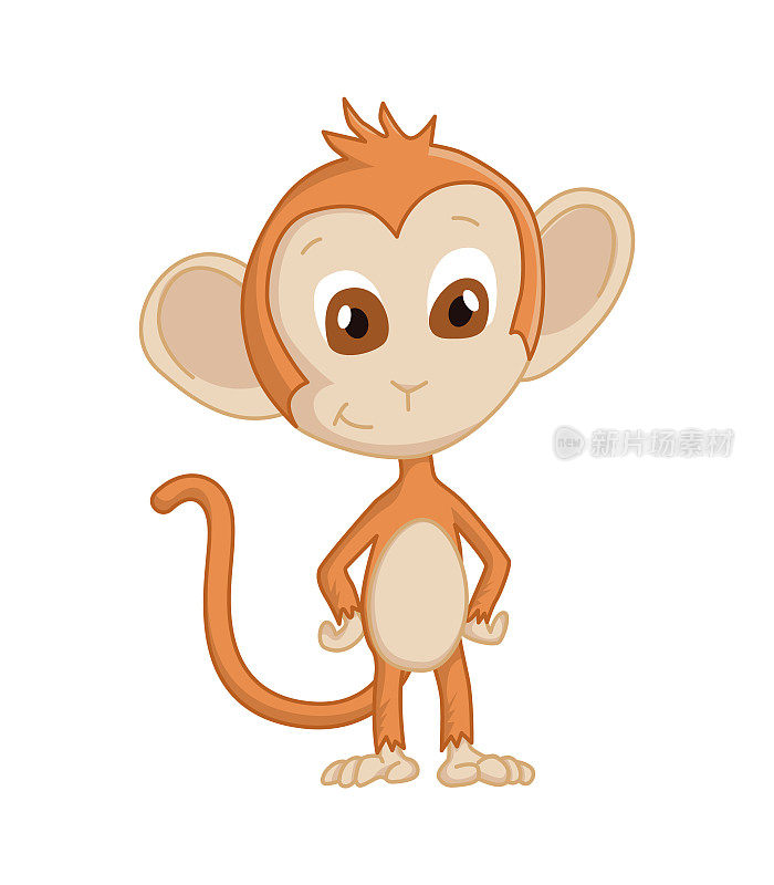 可爱有趣的猴子彩色卡通插图。向量小黑猩猩。野生动物的性格。猿站