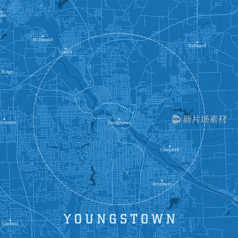 扬斯敦OH城市矢量道路地图蓝色文本