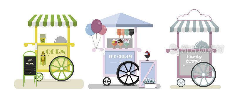 一组带披萨，甜甜圈和冰淇淋的矢量快餐车。矢量平面插图上的一个快餐地方与一个条纹遮阳篷和一个广告摊位与菜单。时尚的复古插图快餐在公园和街道上。