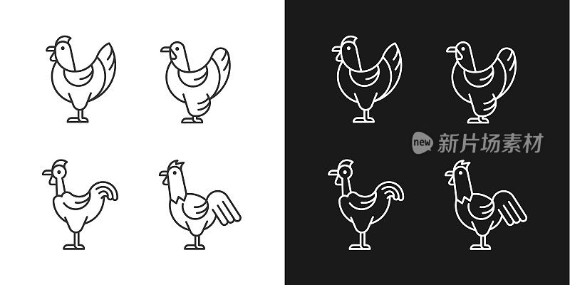 鸡品种的线性图标设置为黑暗和光明模式