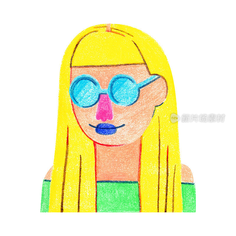 一个快乐的金发女孩的肖像，戴着太阳镜，穿着绿色的裙子。用深蓝色的口红化妆。用彩色铅笔绘制的原始风格的插图，孤立的。