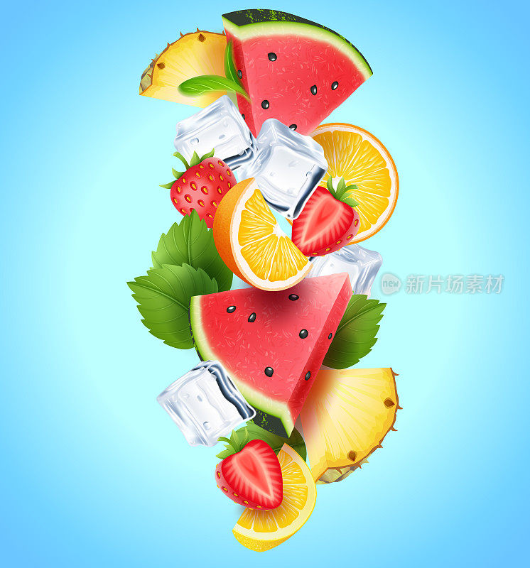 彩色的现实飘落的水果，浆果，薄荷叶和冰块的组成-产品标签封面概念，矢量插图