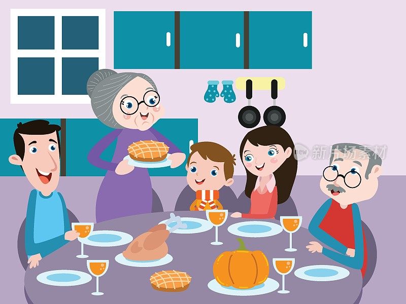 可爱快乐的一家人一起吃感恩节晚餐