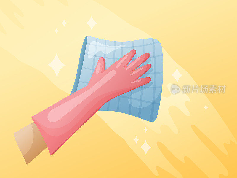 矢量卡通横幅上的主题清洁。一只手戴着橡胶手套，用一块布或餐巾擦拭表面，直到表面发亮。