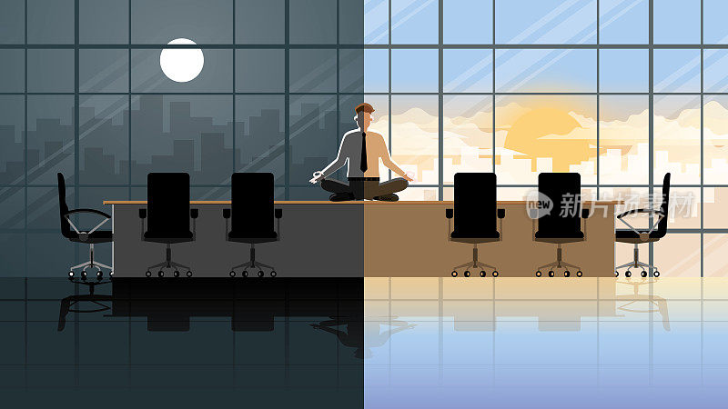严肃的办公室人从早到晚。一个平静的生意人盘腿坐在会议室的桌子上。冥想和正念可以减轻繁重工作的压力。