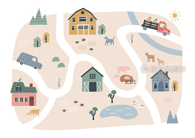 可爱的村庄地图，有房子和动物。手绘矢量插图的一个农场。城市地图的创造者